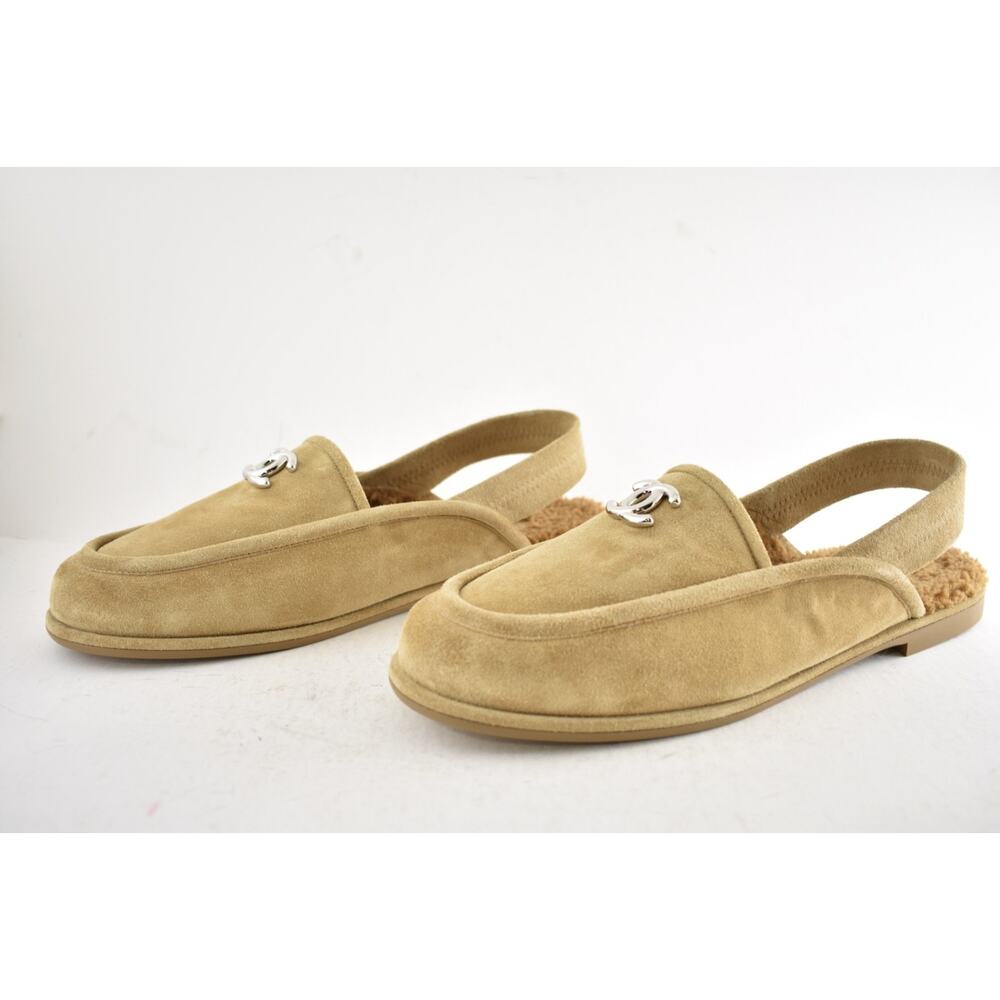 Chanel Dark Beige Suede Shearling CC Moccasin Ballet Slingback Loafer Flat 40 - Picture 16 of 16